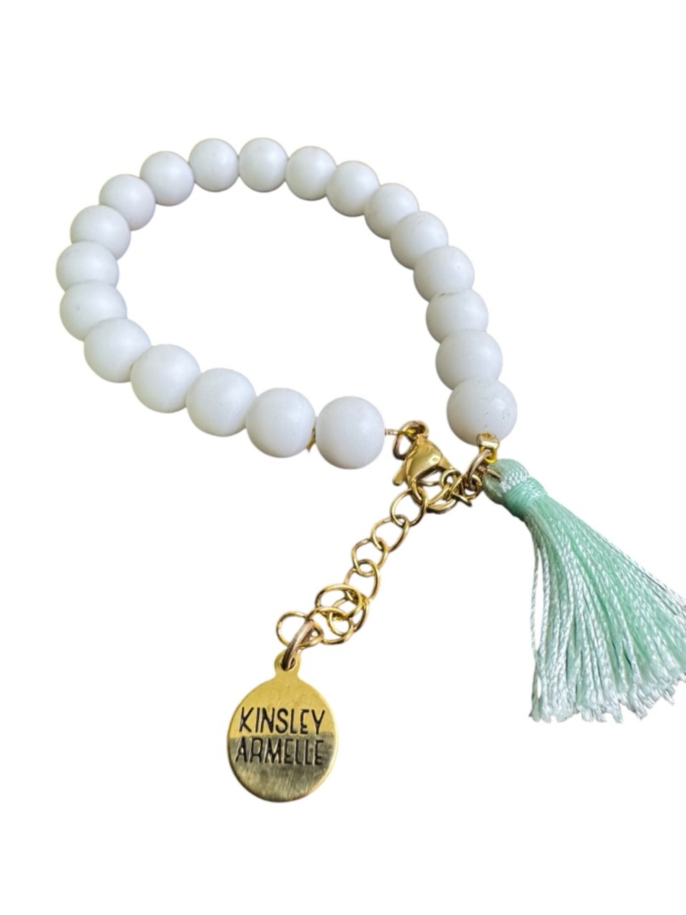 Kinsley Armelle White Beaded Bracelet with Mint Tassel